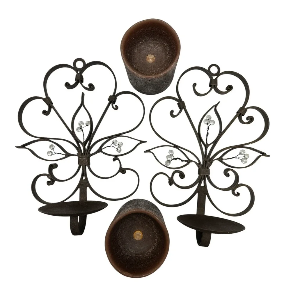 Vintage Pair of Heavy Brown Wrought Iron Wall Candle Sconces w/ Brown Candles